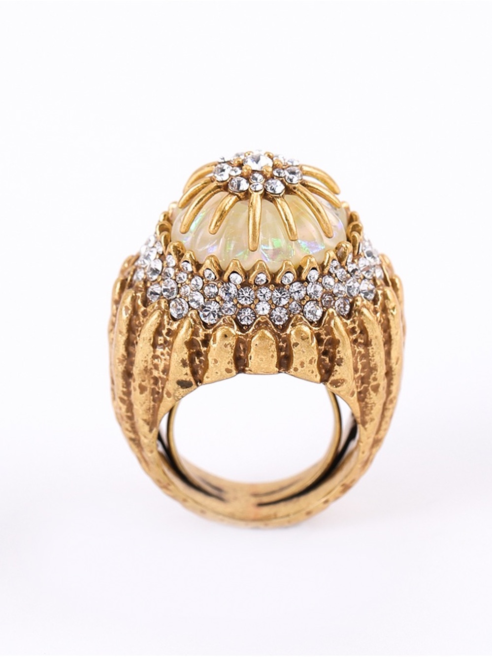 Gold Statement Ring with Opal Cabochon and Crystal Accents size 7/8